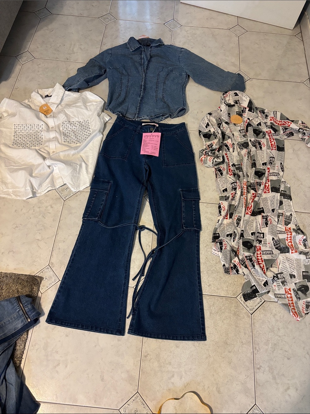 High-Rise Wide Leg Cargo Jeans - Dark Blue 3 Medium Shirts 2 button down